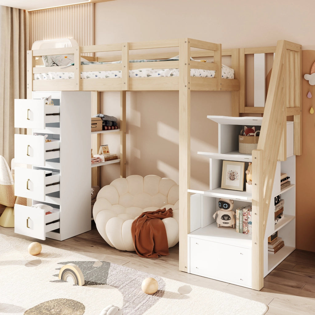 LETTO A CASTELLO 90x200 cm in legno naturale con 4 cassetti e scaffale
