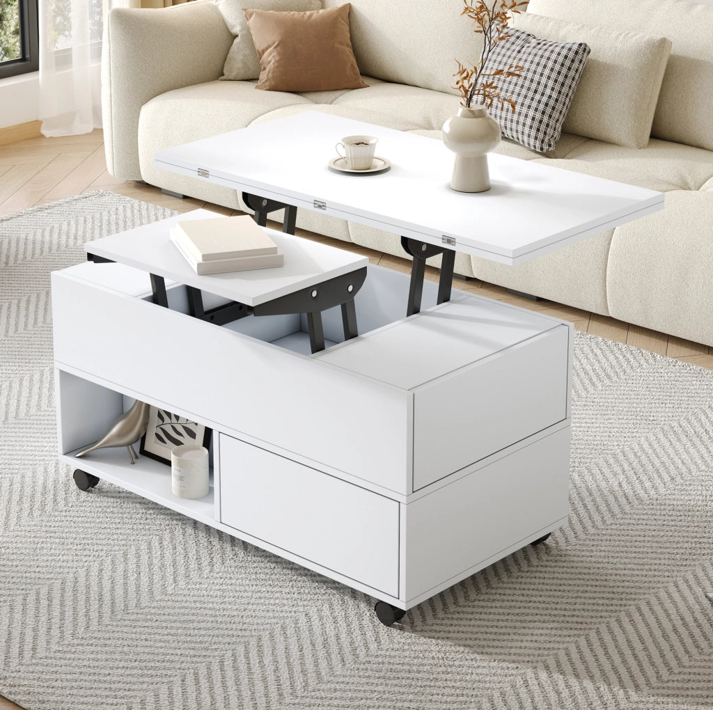 Tavolino elevabile bianco 100x50x52 cm con 4 cassetti e ruote
