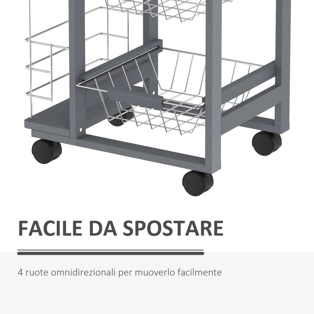 Carrello da Cucina con Cassetti e Portabottiglie ¨C zephmum ¨C Legno di Pino e Metallo 47x37x83