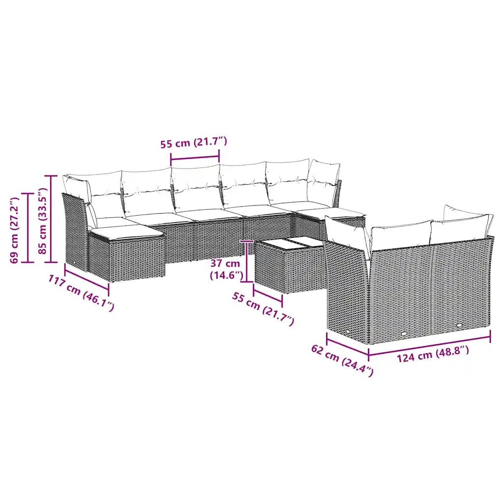 Set Divano Giardino 10 pz con Cuscini Grigio Chiaro Polyrattan