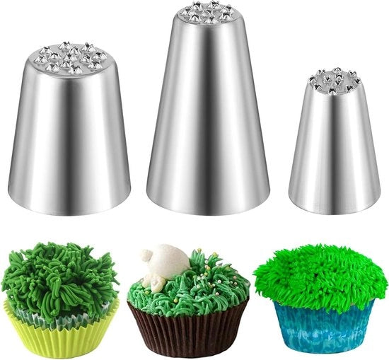 Set di 3 bocchette in acciaio inossidabile per guarnizioni di erba per decorazione di torte - Set di bocchette per spiegare la vernice di erba - Ideale per decorare torte