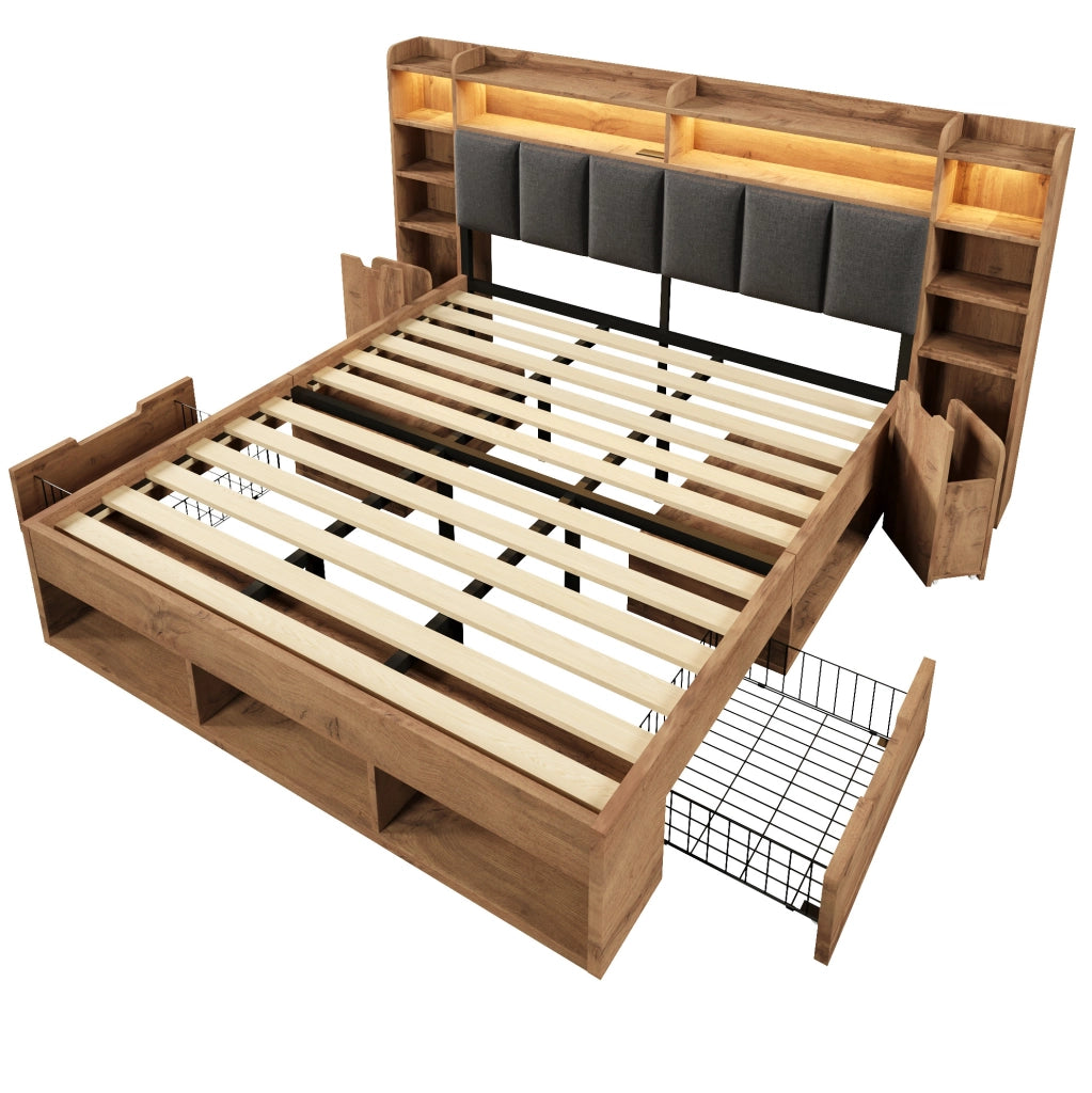 Letto matrimoniale 180x200 cm in finitura rovere con LED; prese USB e contenitore