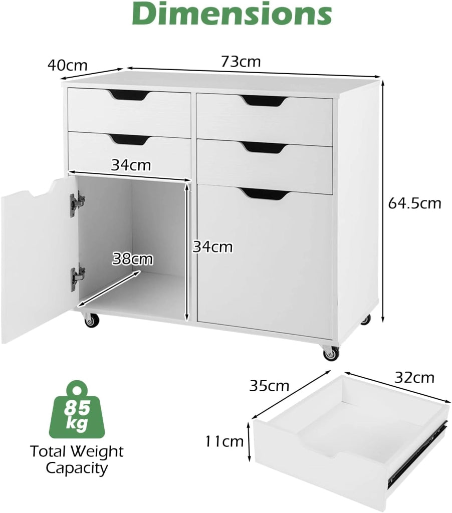 Raccoglitore mobile con 5 ruote, cassettiera con 4 cassetti e 2 armadi con porte, supporto per stampante in legno, mobile di stoccaggio per ufficio, soggiorno