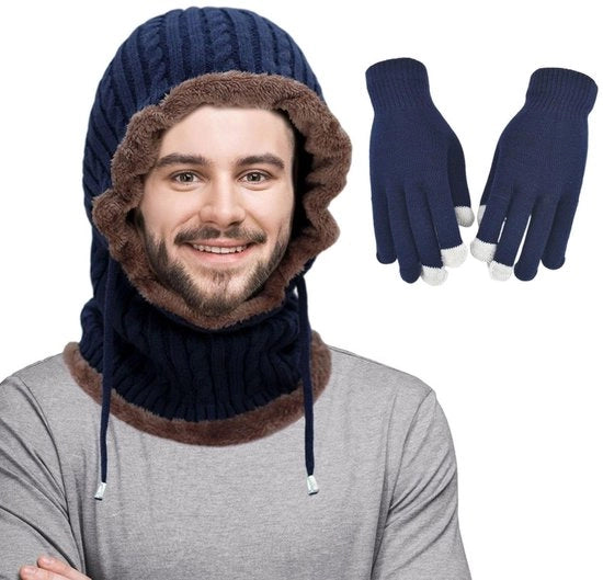 Manopole a calore integrate - Pelle di lana - Materiale acrilico soffice - Accessori invernali - Blu navy - Comode e stili - Cappuccio invernale