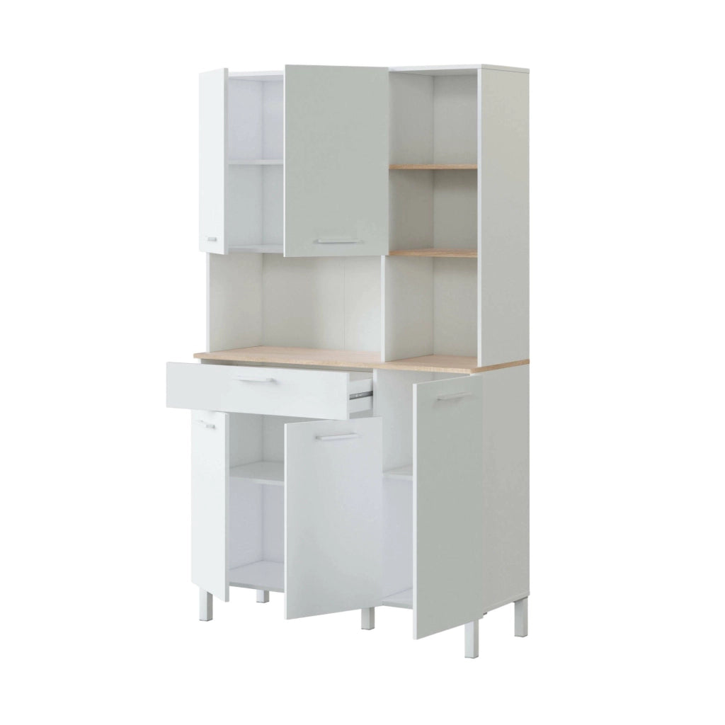 Credenza\ Abbaio, Mobile ausiliario da cucina, Credenza a 5 ante e 1 cassetto con ripiani, Armadio aperto, cm 108x40h186, Bianco e Rovere