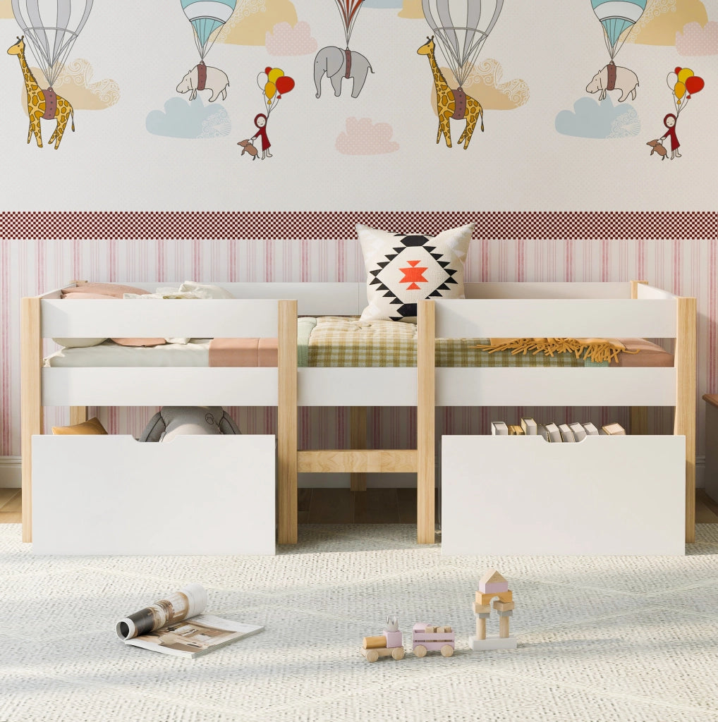 Lettino semialto per bambini 90x190 cm in pino massiccio bianco con cassetti
