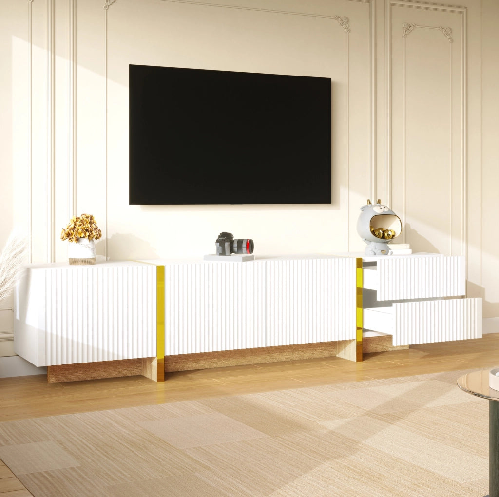 Mobile TV 190 cm con 2 cassetti e 3 ante; bianco e oro con effetto legno