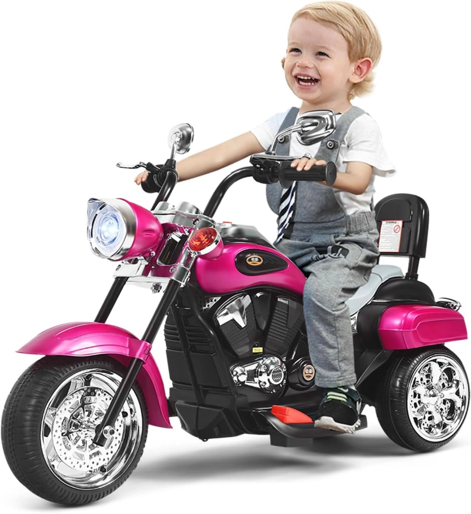Moto Elettrica per Bambini 6V a 3 Ruote con Luci LED e Suoni, Motorino Triciclo con Acceleratore a Pedale, Motocicletta con Specchietto, 3 km/h, Carico 30 kg, 3+ Anni (Rosa)