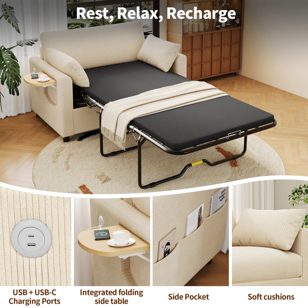 Divano letto convertibile a 2 posti in tessuto a coste con tavolino pieghevole, porte USB e tasca laterale beige