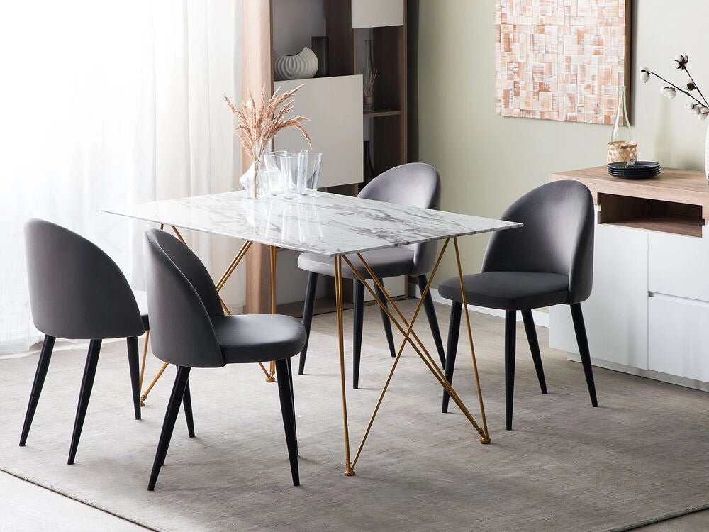 Tavolo da Pranzo Effetto Marmo Bianco con Piano in Vetro Temperato dorato Gambe in Metallo 140 x 80 cm Glam Soggiorno
