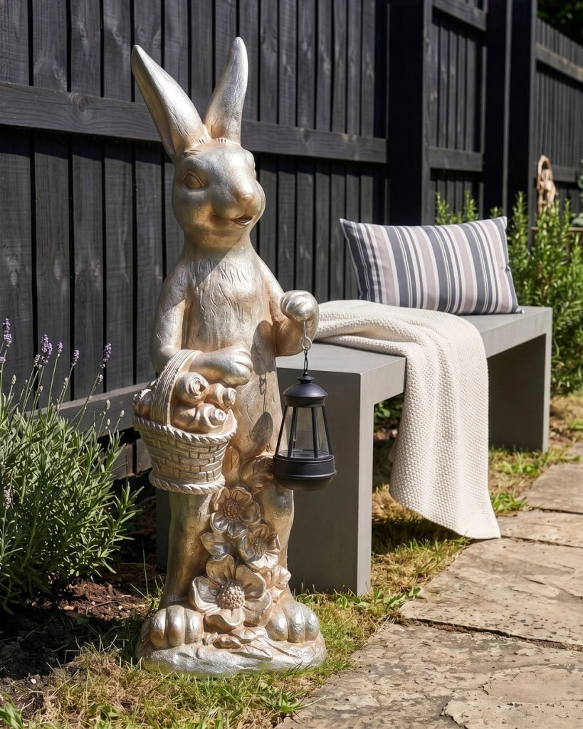 Statuetta da giardino in oro MgO 72 cm elemento decorativo coniglio realizzata a mano decorazione per interni ed esterni tema pasquale