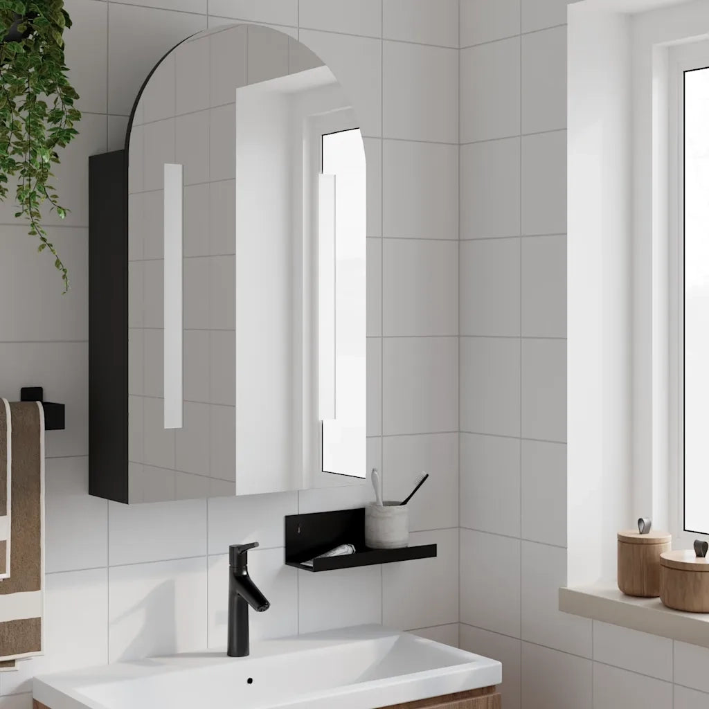 Armadietto Bagno con Specchio e LED-Mobiletto a specchio ad Arco Nero 42x13x70 cm