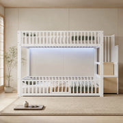 DESMIU Letto a castello 140 × 200 cm 2 posti con LED, scala contenitore, senza materasso, in MDF e metallo, bianco