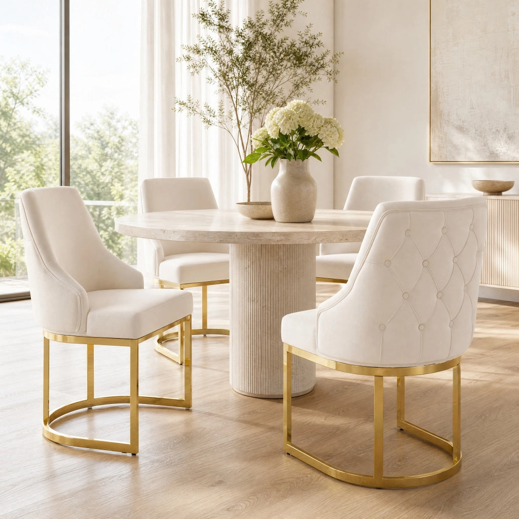 Set di 4 sedie da pranzo in velluto con schienale trapuntato e gambe in metallo beige e oro