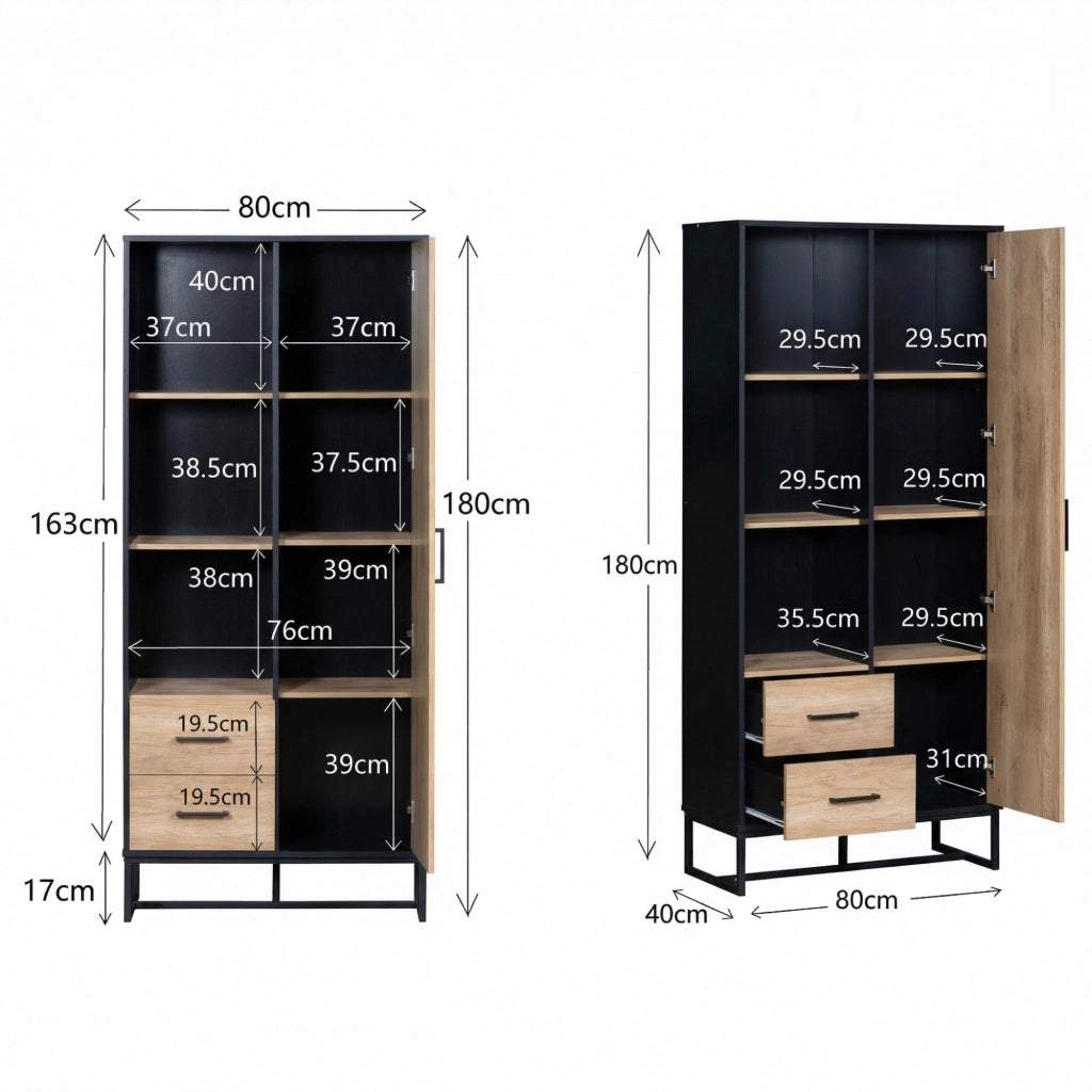 Armadio contenitore con 1 anta 2 cassetti e 3 vani aperti, per soggiorno ufficio e ingresso, 80 × 40 × 180 cm