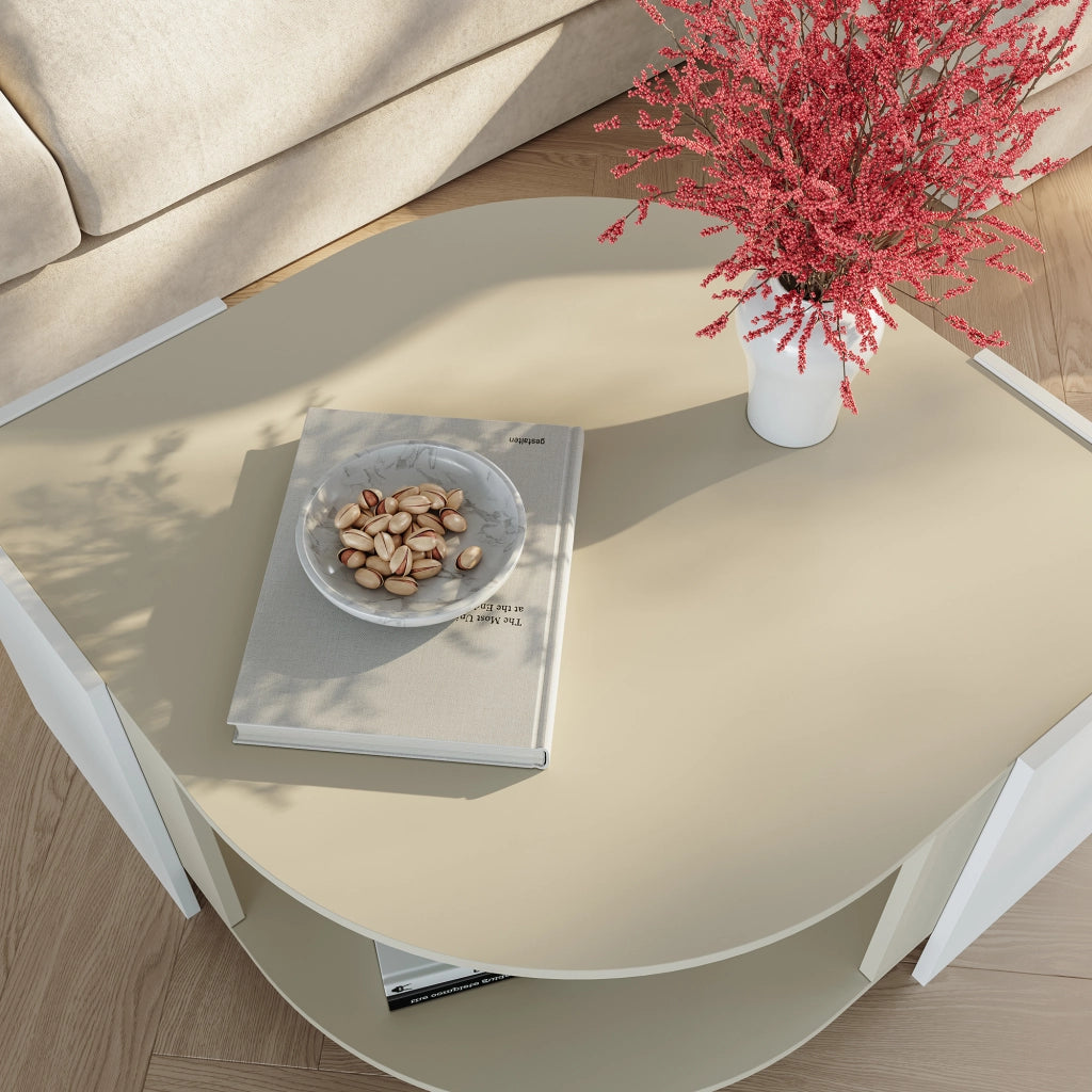 Tavolino Centrale da Salotto Klipsari con Piano Curvo 75 x 75 x 40 cm - Bianco / Color Avena Oatmeal [en.casa]