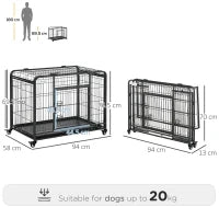 Kennel per Cani Pieghevole a Doppia Porta con Blocco, 4 Ruote con Freno e Fondo Rimovibile, 94x58x69.5 cm, Grigio