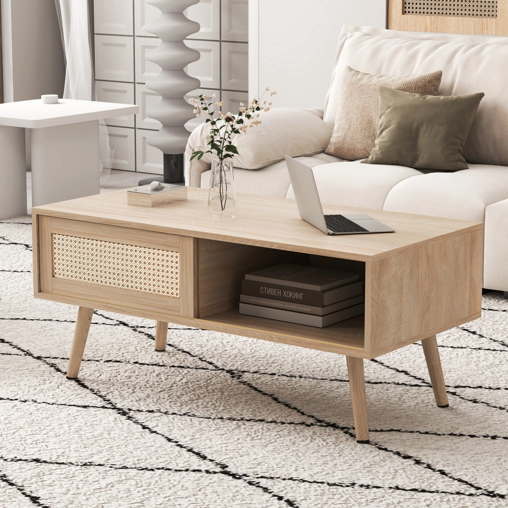 Tavolino da caffè con anta scorrevole; per soggiorno; in MDF; 105×55×40 cm; legno naturale