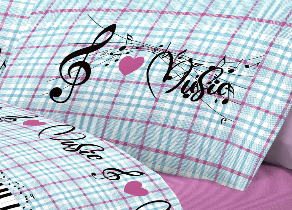 Completo Lenzuola Linea Pensieri Delicati 100% Cotone Disegno Musica - Matrimoniale - Rosa