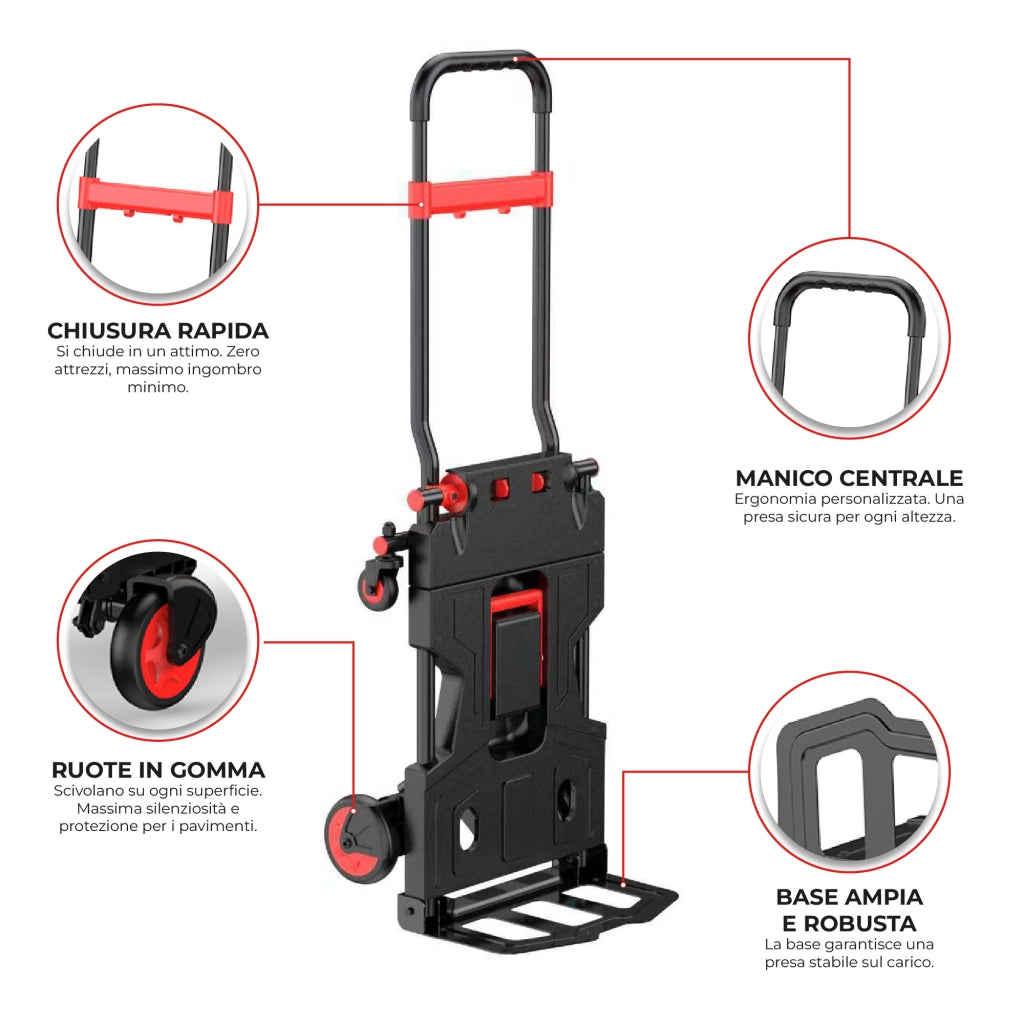 Carrello Pieghevole 2 in 1 Portata 150 kg, Carrello Portapacchi Trasformabile Verticale e a Pianale, Manico Regolabile, Ruote in Gomma