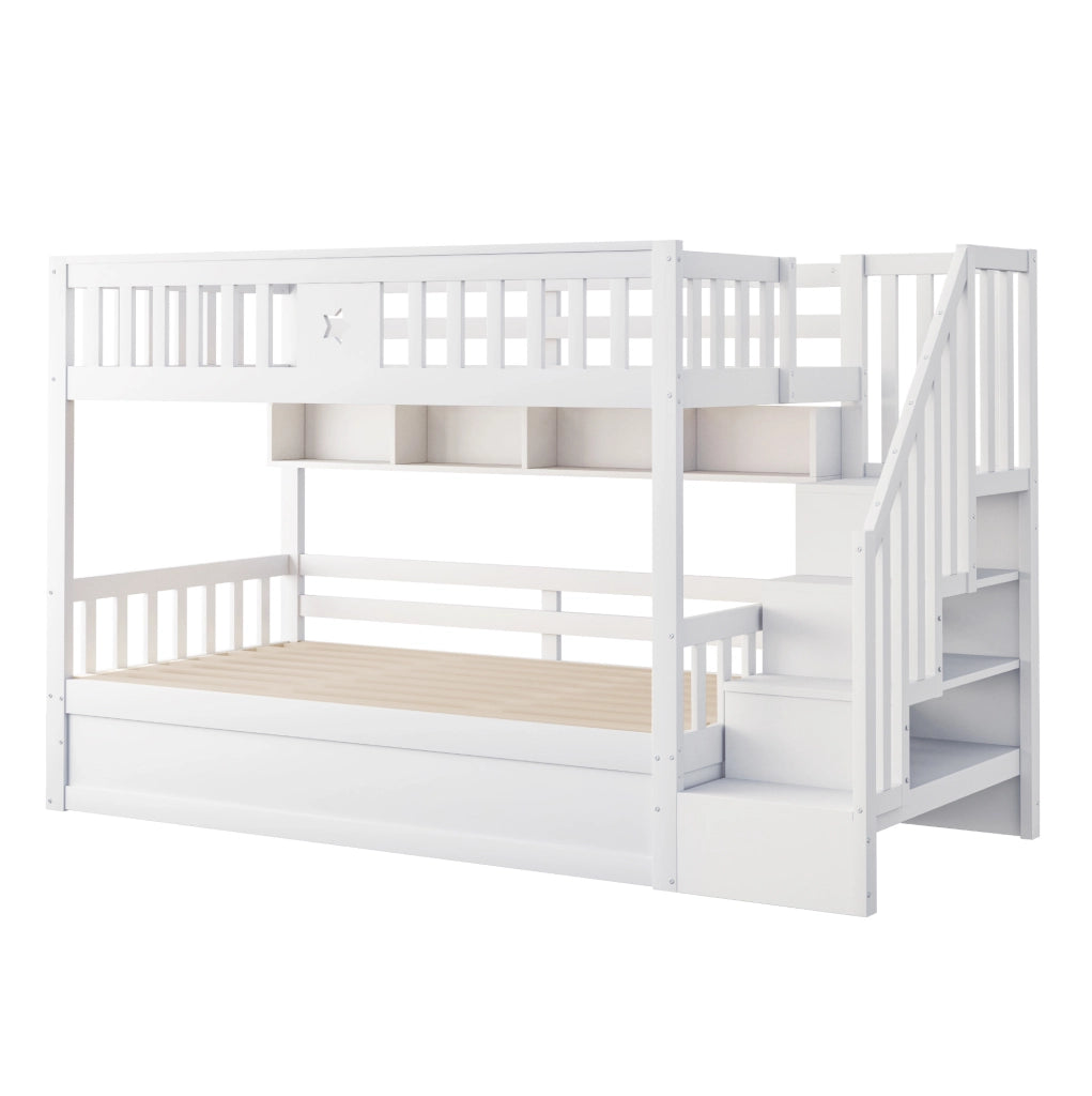 Letto a soppalco 90x200 cm con contenitore idraulico; scala e ripiani; bianco