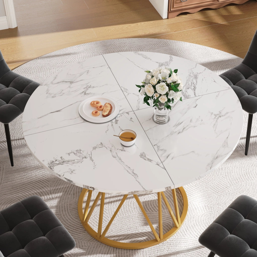 Tavolo da pranzo rotondo 100x100x76 cm con piedini regolabili; piano in MDF effetto marmo oro