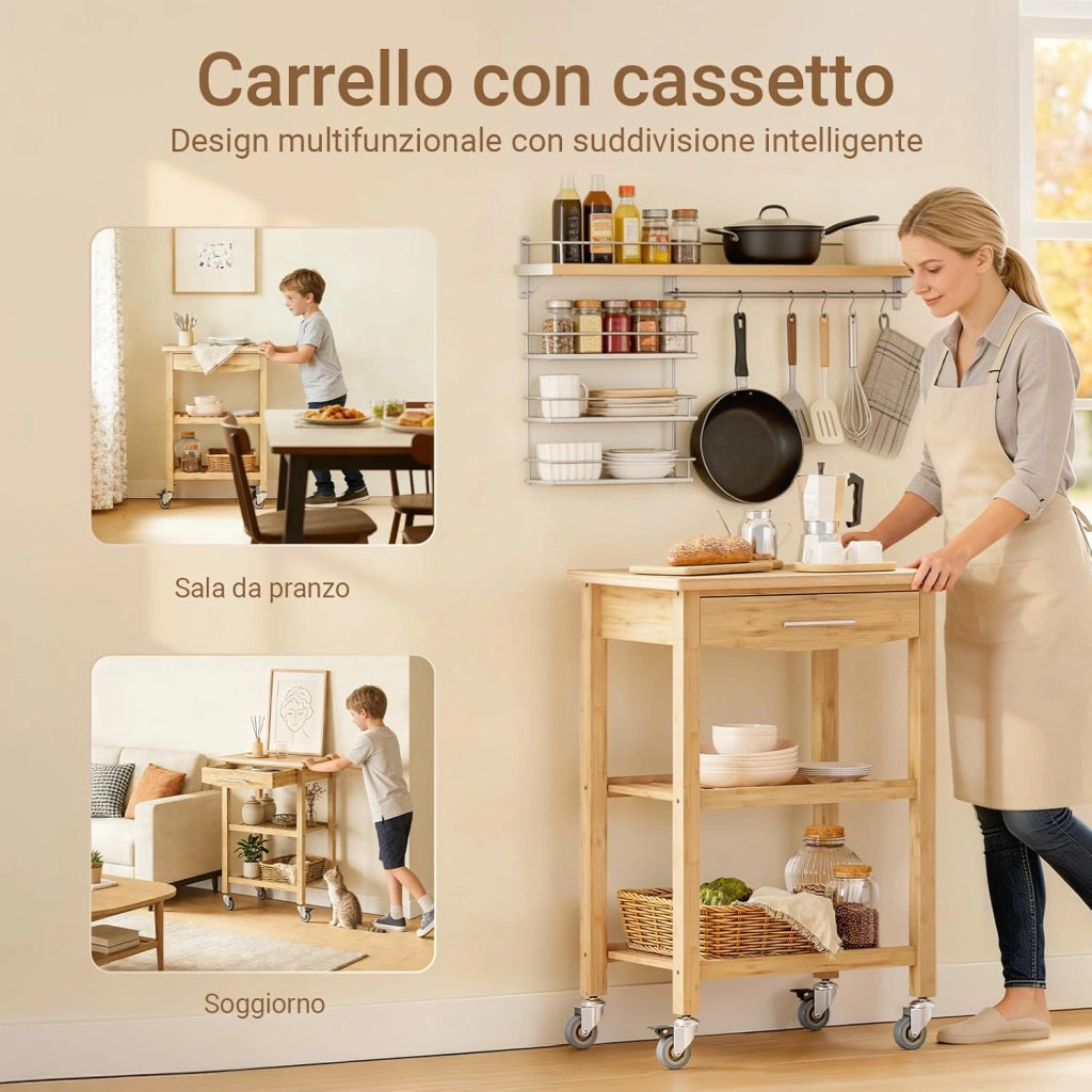Carrello da Cucina in Bambù Carbonizzato – Carrello Cucina in Legno con Ruote, Antibatterico, Resistente all’Umidità, Inodore, Ideale per Cucina, Sala da Pranzo e Casa 58×40×86 cm FKW135-N