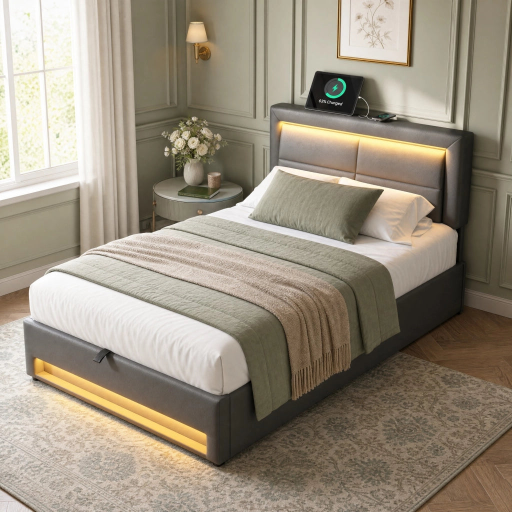 Letto imbottito 90x200 cm in PU grigio con USB; LED e contenitore; senza materasso