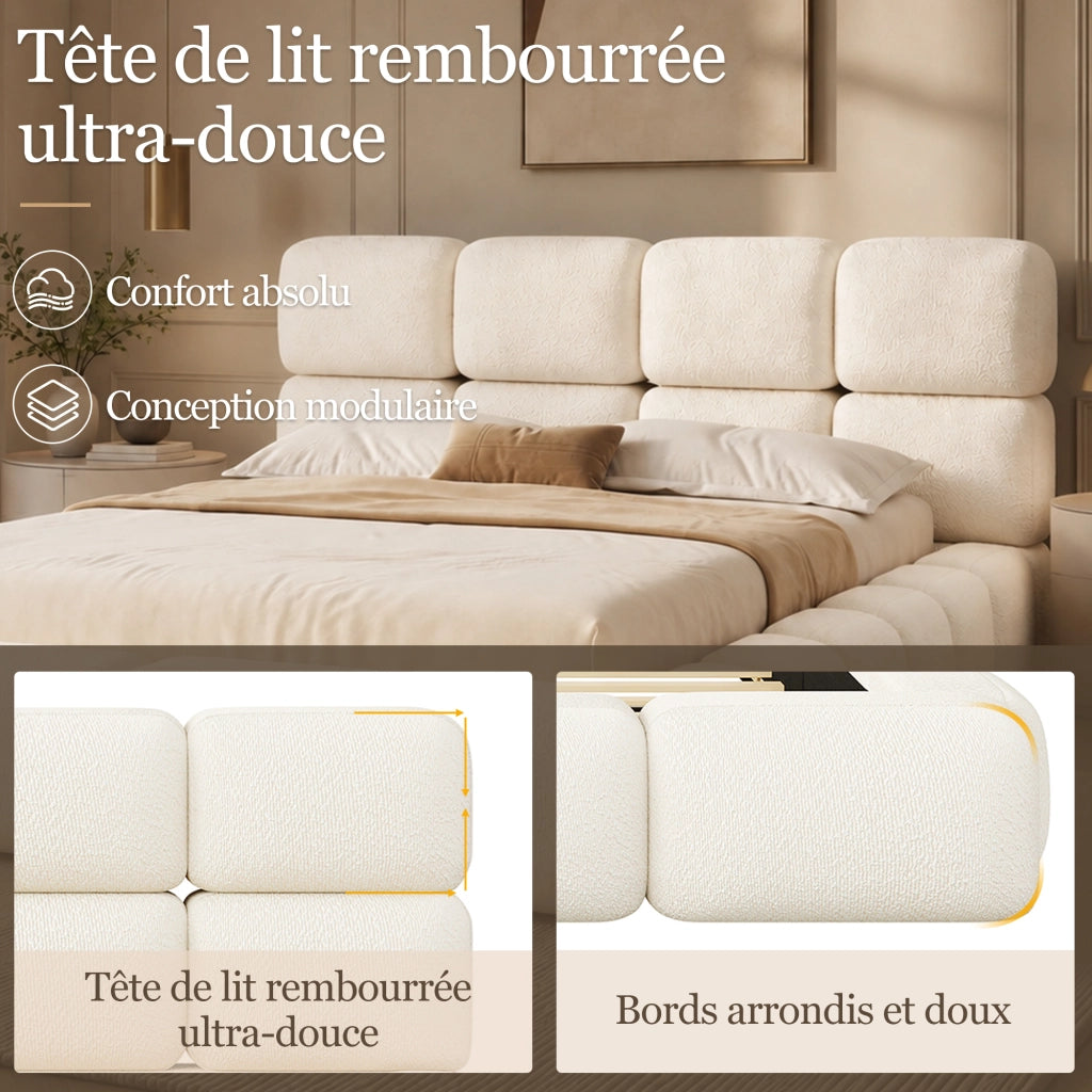 Letto matrimoniale imbottito 160x200 cm con contenitore idraulico; design nuvola bubble; tessuto bouclé bianco