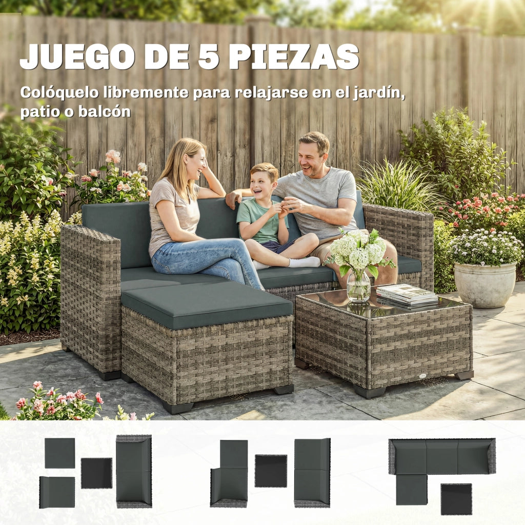 Set Giardino Esterno 5 Pezzi ¨C zephmum ¨C PolyRattan Grigio, 2 Sedie, Divanetto, Tavolino