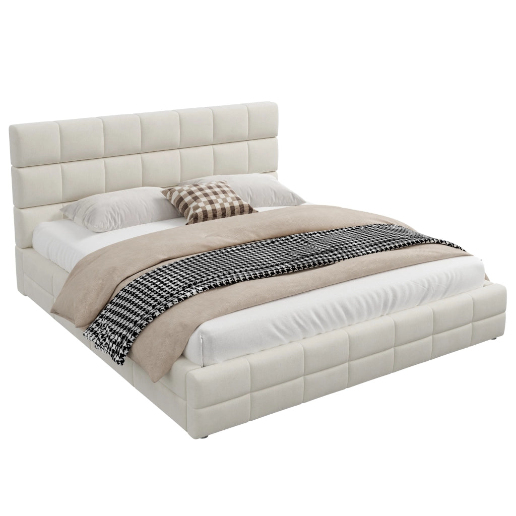 Letto Matrimoniale 180x200 cm; con Testiera Imbottita; in Velluto; Beige