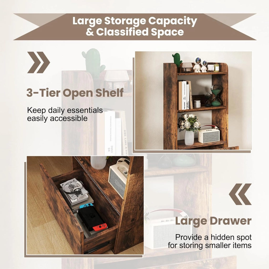 Libreria di libri con 3 ripiani aperti e 1 cassetto, libreria in legno con kit antiribaltamento, 55 x 29 x 105 cm, scaffale di stoccaggio per soggiorno, ufficio, camera da letto (marrone