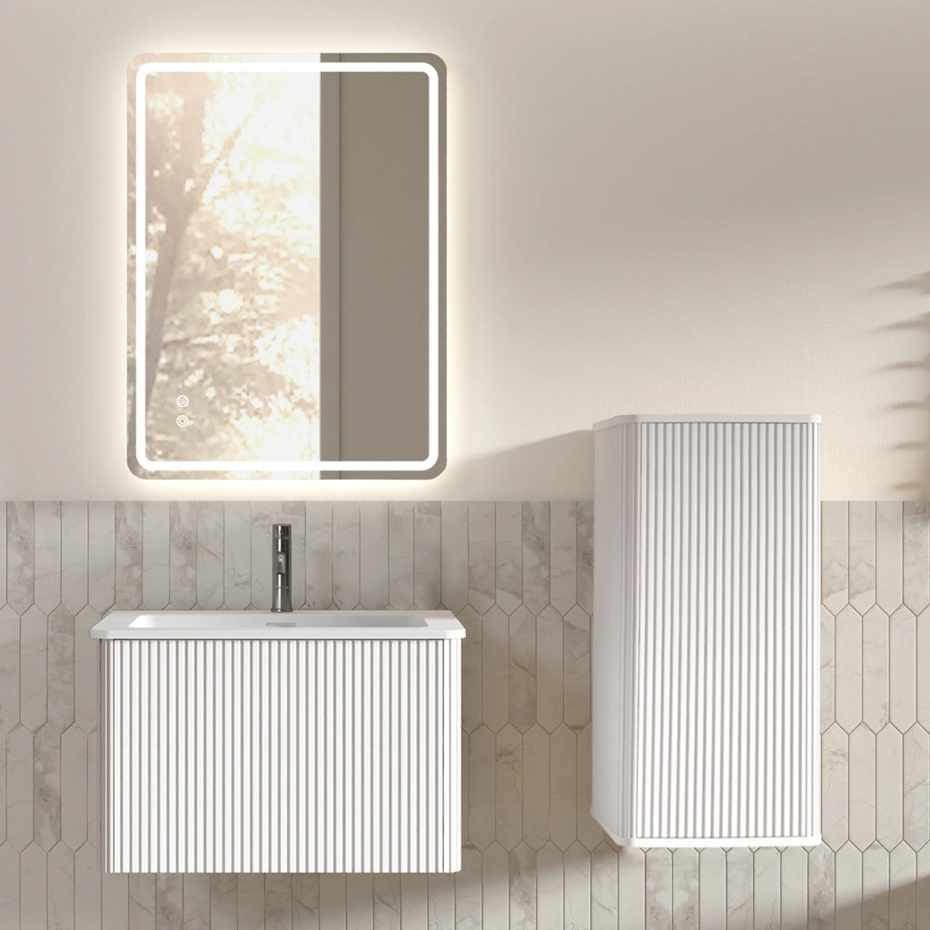 Armadietto da bagno moderno con specchio LED, mobile sospeso sottolavabo, lavabo e colonna laterale, bianco