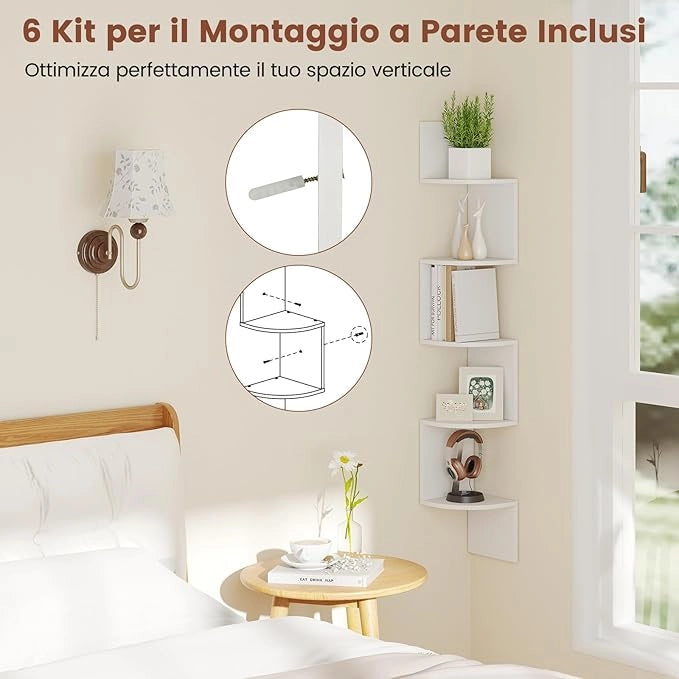 Scaffale Angolare a 5 Livelli, Scaffale Sospeso a Muro, Organizzatore di Stoccaggio a Parete, Espositore in Legno per Soggiorno Camera da Letto e Cucina, 20 x 20 x 126 cm (Bianco)