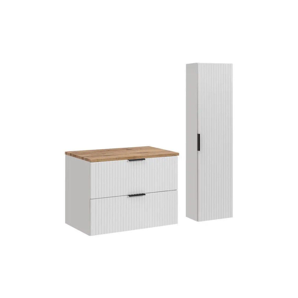 Set da bagno NOXERA 80 cm – Mobile sospeso bianco alpino con piano per lavabo in quercia wotan e colonna a muro