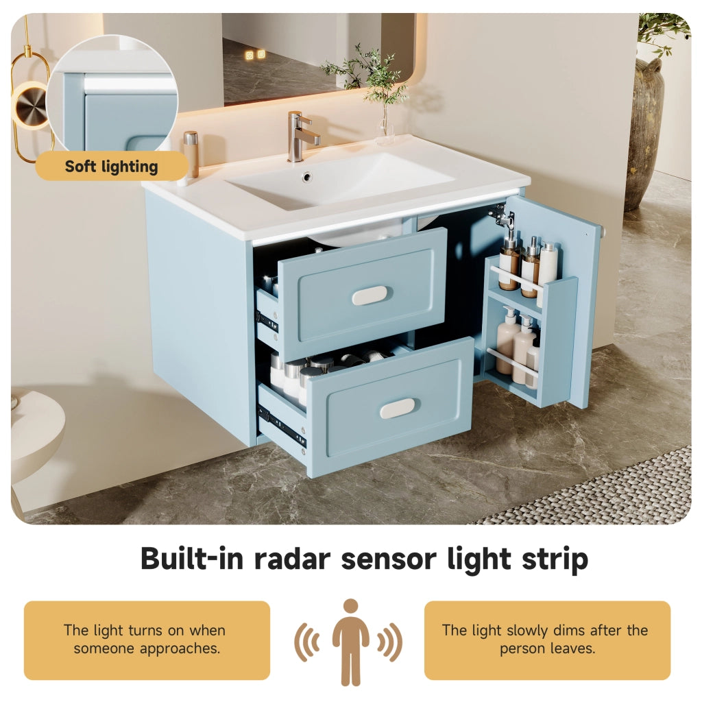 Mobile sottolavabo con lavabo in ceramica, LED a sensore radar, 2 cassetti e vano, per bagno, blu, 76 × 46 × 51 cm