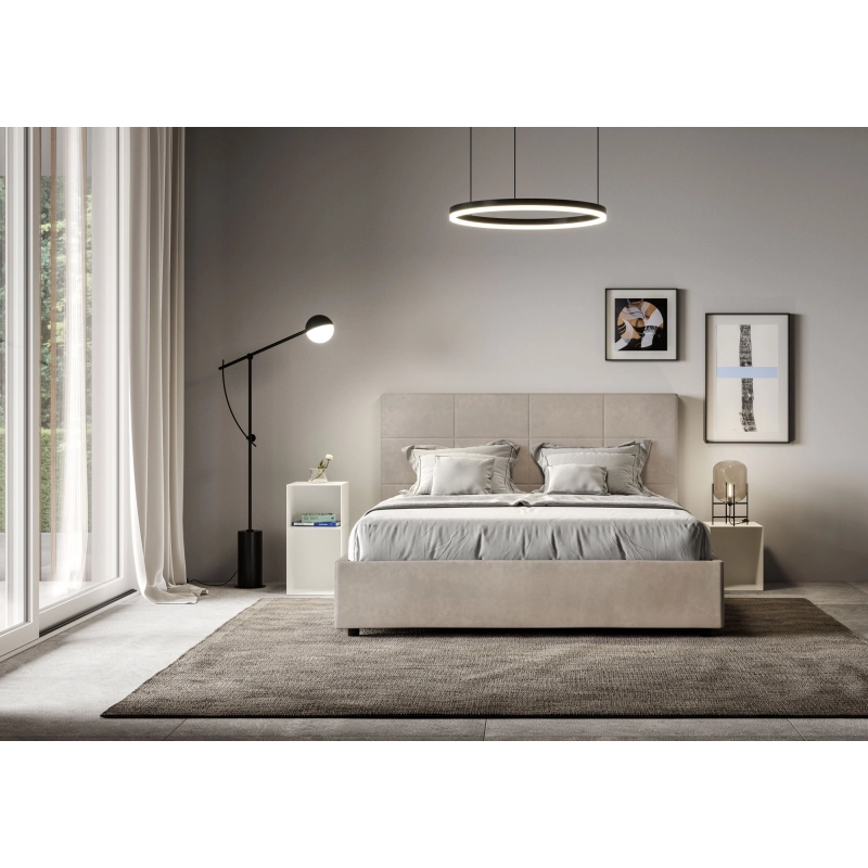 Letto imbottito Matrimoniale francese 140x190 cm Mika - Con rete,Microfibra,Sabbia