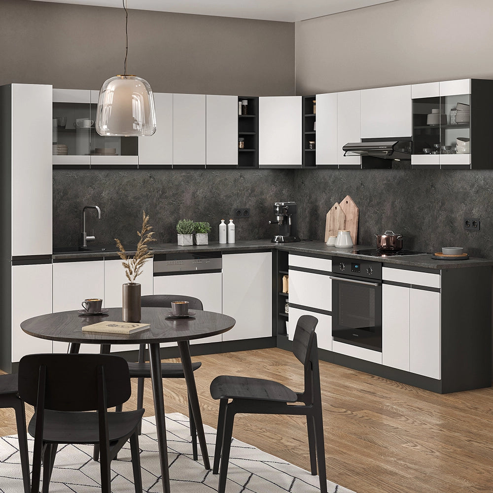 Vicco Cucina angolare completa Bianco/antracite 257 x 277 cm J-Shape, PL Rovere