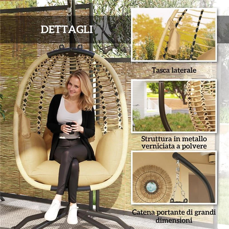 POLTRONA SOSPESA CON CUSCINO IMBOTTITO, SEDUTA PIEGHEVOLE E STRUTTURA IN ACCIAIO E CORDA, BEIGE