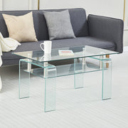 Tavolino basso con piano doppio in vetro temperato, struttura in metallo, per soggiorno, trasparente, 100 × 55 × 45 cm