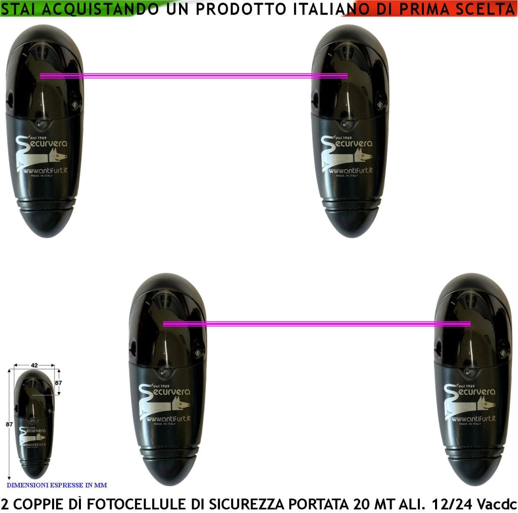 Fotocellule 2 Coppie Controllo e Sicurezza Automazione Cancello Portata 20 Metri TX e RX Lineari Montaggio a Parete Oppure su Palina Alimentazione 12/24 Vac