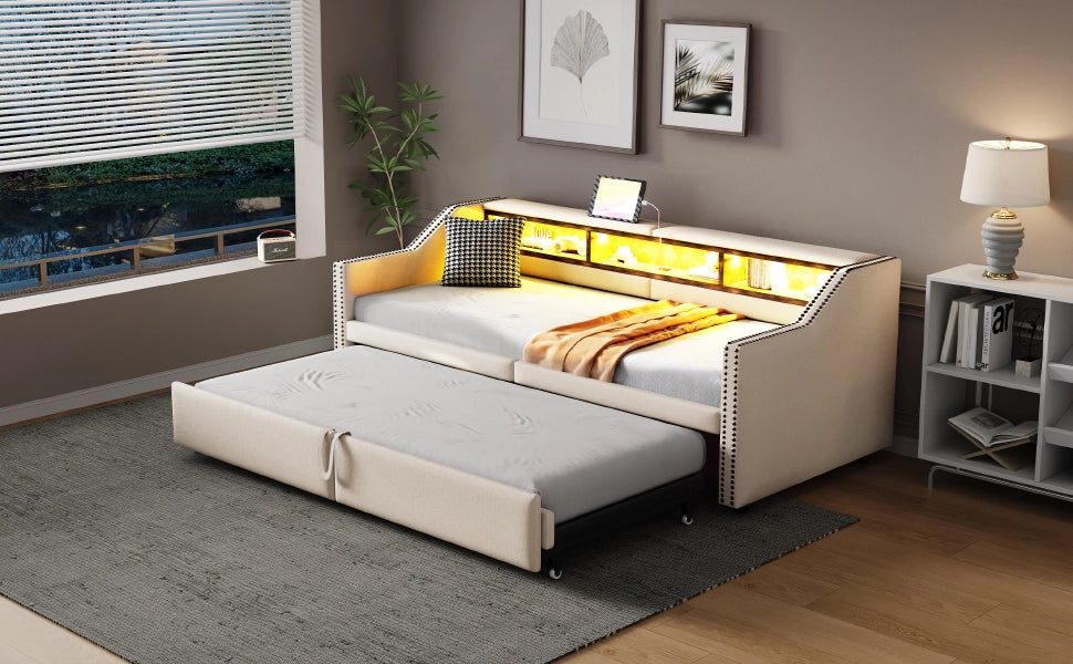 DESMIU Divano letto 90 × 200 cm 1 posto con ripiani, LED, USB e letto estraibile 180 × 200 cm, senza materasso