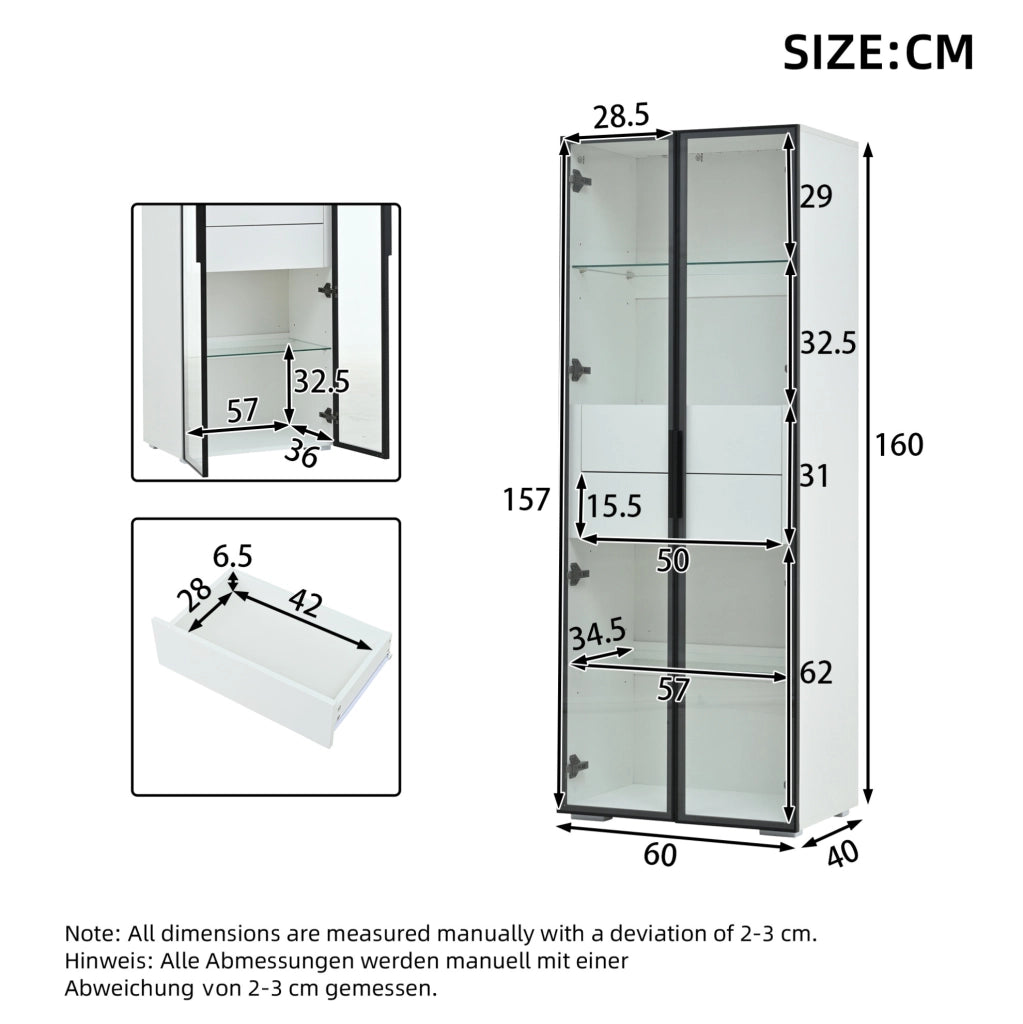 Vetrina LED con 2 cassetti e vetro temperato, 60x40x160 cm