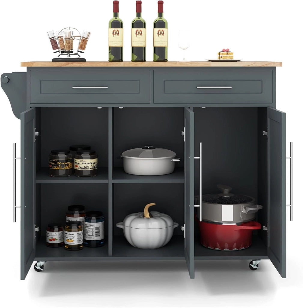 Carrello Portaoggetti con Ruote con 2 Freni, Isola Cucina in Rovere Massiccio, Mobiletto da Pranzo con Portaspezie e Portasciugamani, per Soggiorno, 111,5 x 46 x 93 cm, In 2 Pacchi (Nero)