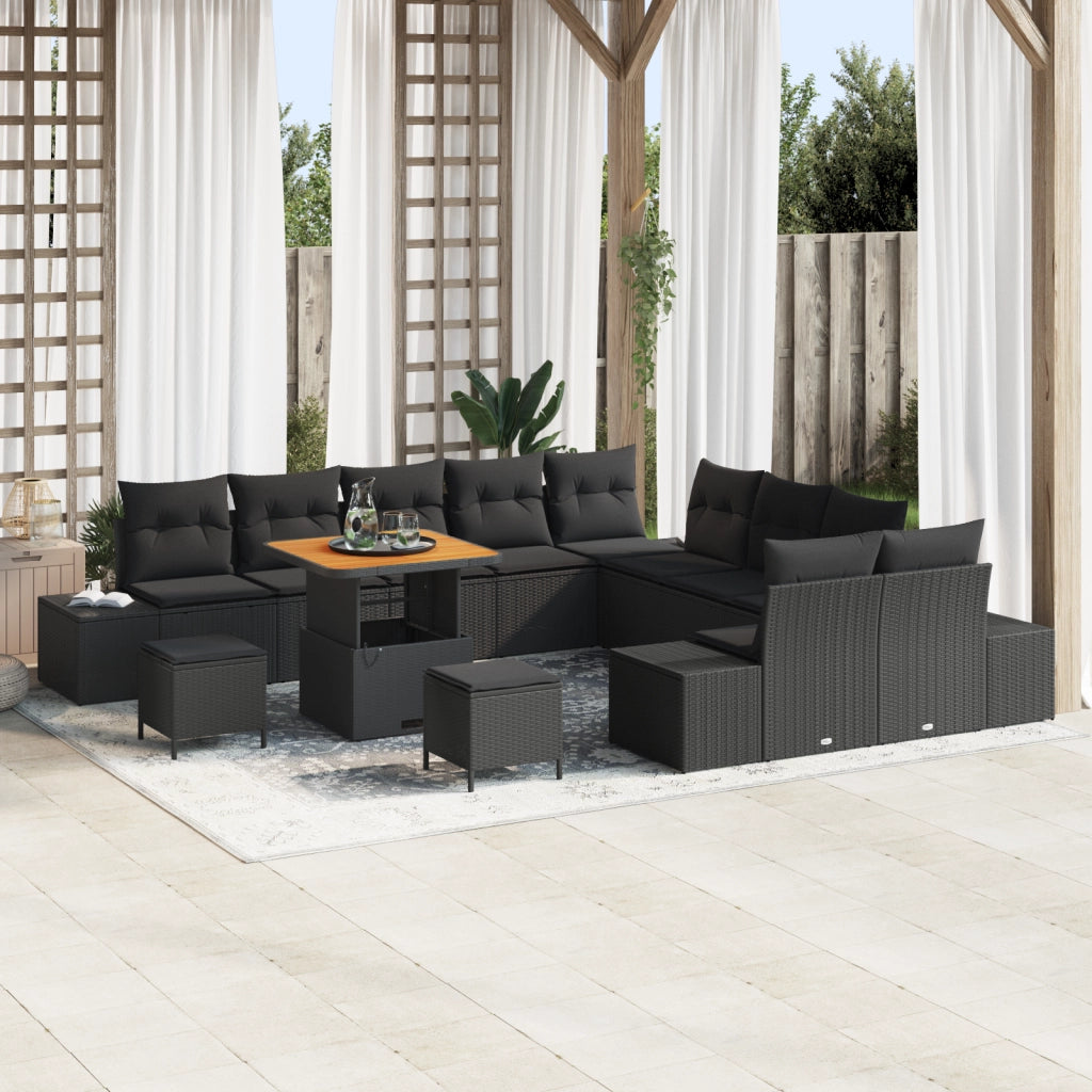 Set divani giardino 13 pezzi con cuscini Nero Polyrattan Acacia