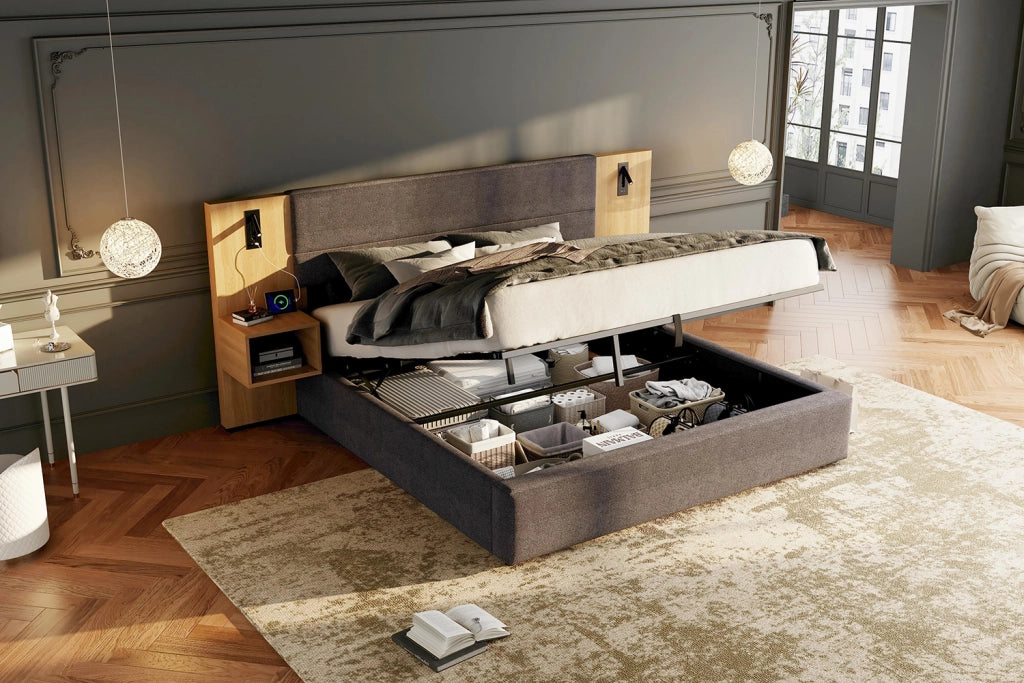DESMIU Letto contenitore 180 × 200 cm 2 posti con USB-A, USB-C, luce, 2 comodini, senza materasso, velluto grigio naturale