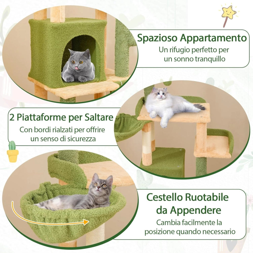 Tiragraffi 160cm, Albero per Gatti con Pali per Graffi in Sisal, Posti a Sedere Imbottiti, Giochi Appesi e Cuccia, Torre per Animali Domestici da Interno a Forma di Cactus, Verde