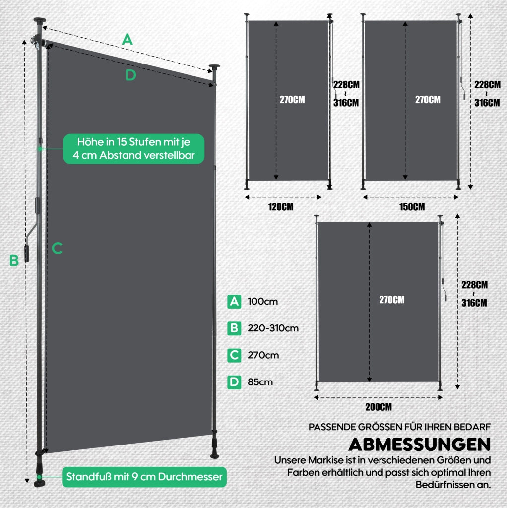 Tenda verticale da esterno regolabile 220-310 cm in poliestere; grigio scuro