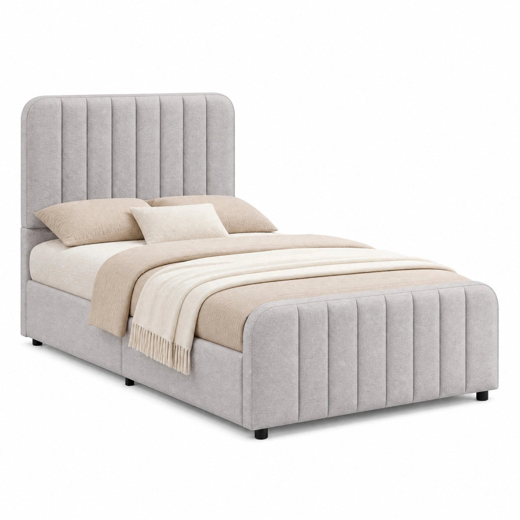 Letto singolo imbottito 90x200 cm con contenitore; rete inclusa; grigio in lino