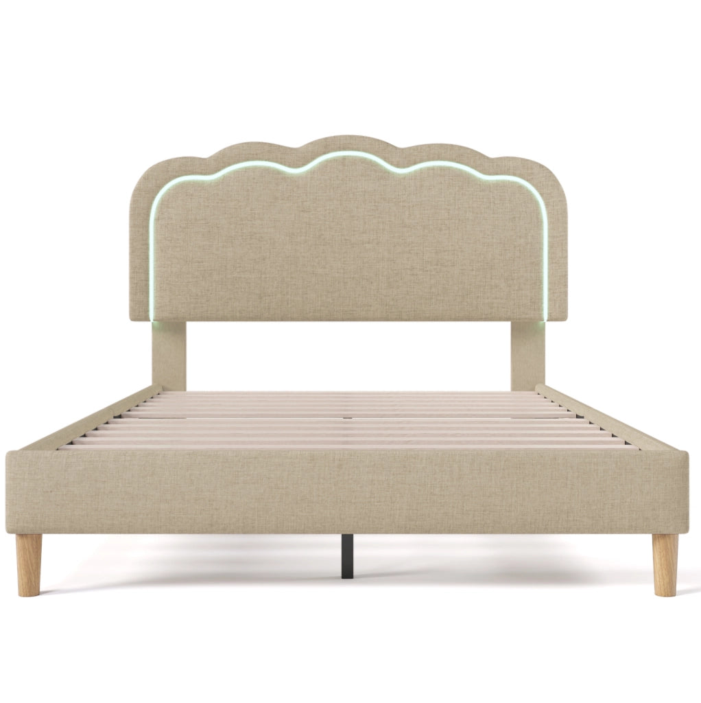 Letto matrimoniale imbottito 140x200 cm con testiera LED regolabile; beige